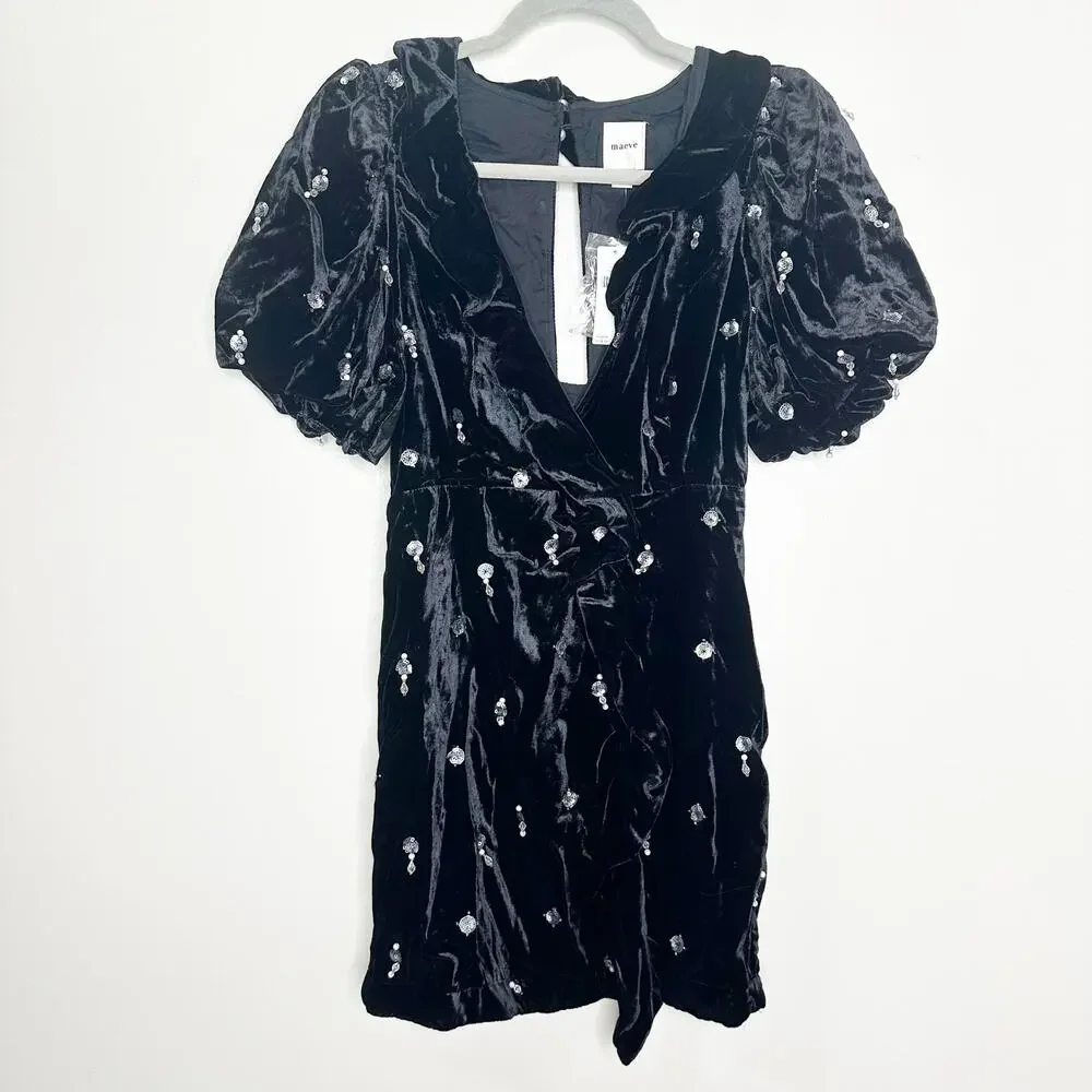 Anthropologie Maeve Black Velvet Embellished Mini Dress Size 2 NEW - Picture 3 of 10